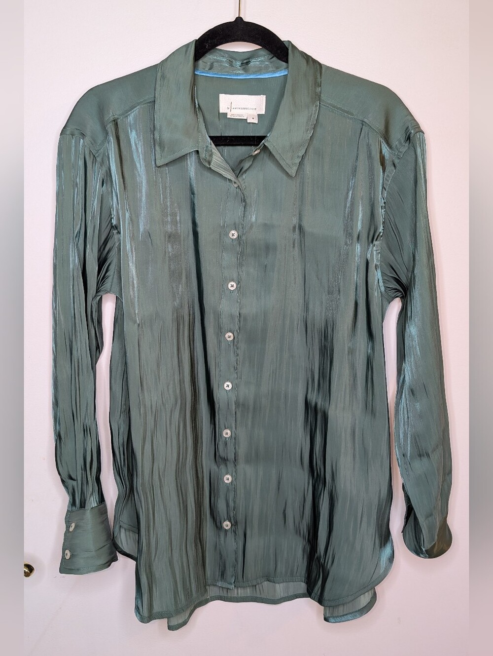 NWT! Anthropologie Green Satin Shimmer Long Sleeve Blouse Top